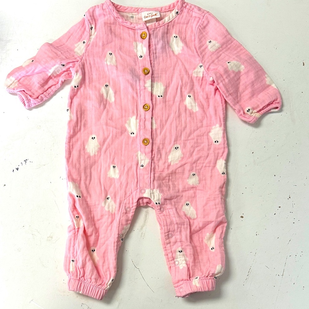 Cat & Jack Infant Girls Halloween Ghost One Piece Muslin Gauze Romper Pink 3-6m